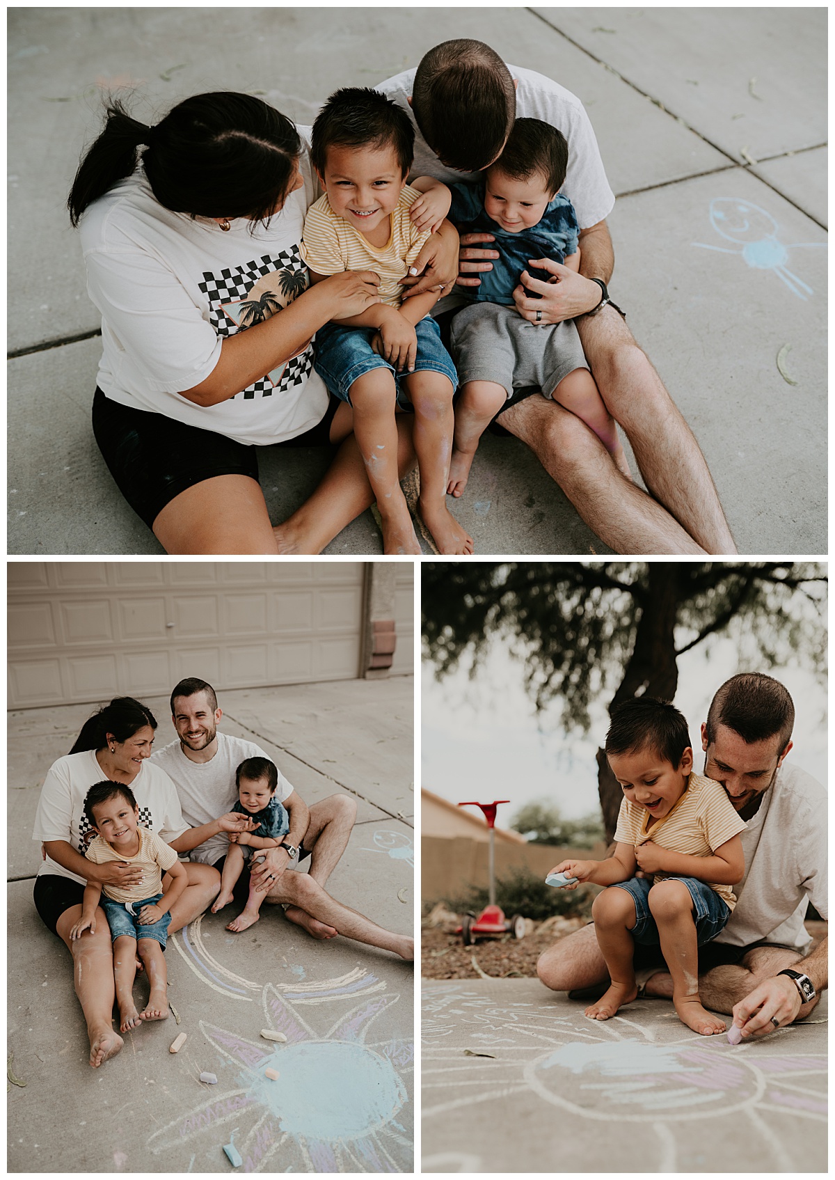 Family of four with two boys draws with chalk in the driveway for their family session in Tucson, Arizona taken by Alexa Rae Photo, a Tucson Family Photographer.