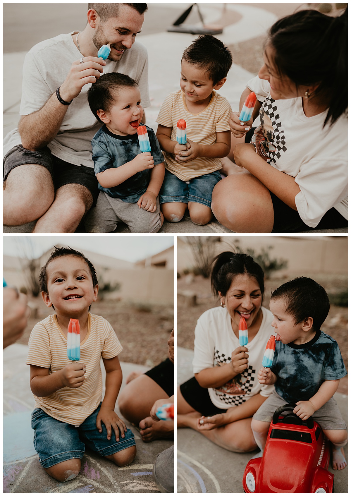 Family eating popsicles in the driveway for their family portraits in Tucson, Arizona taken by Alexa Rae Photo, a Tucson Family Photographer.