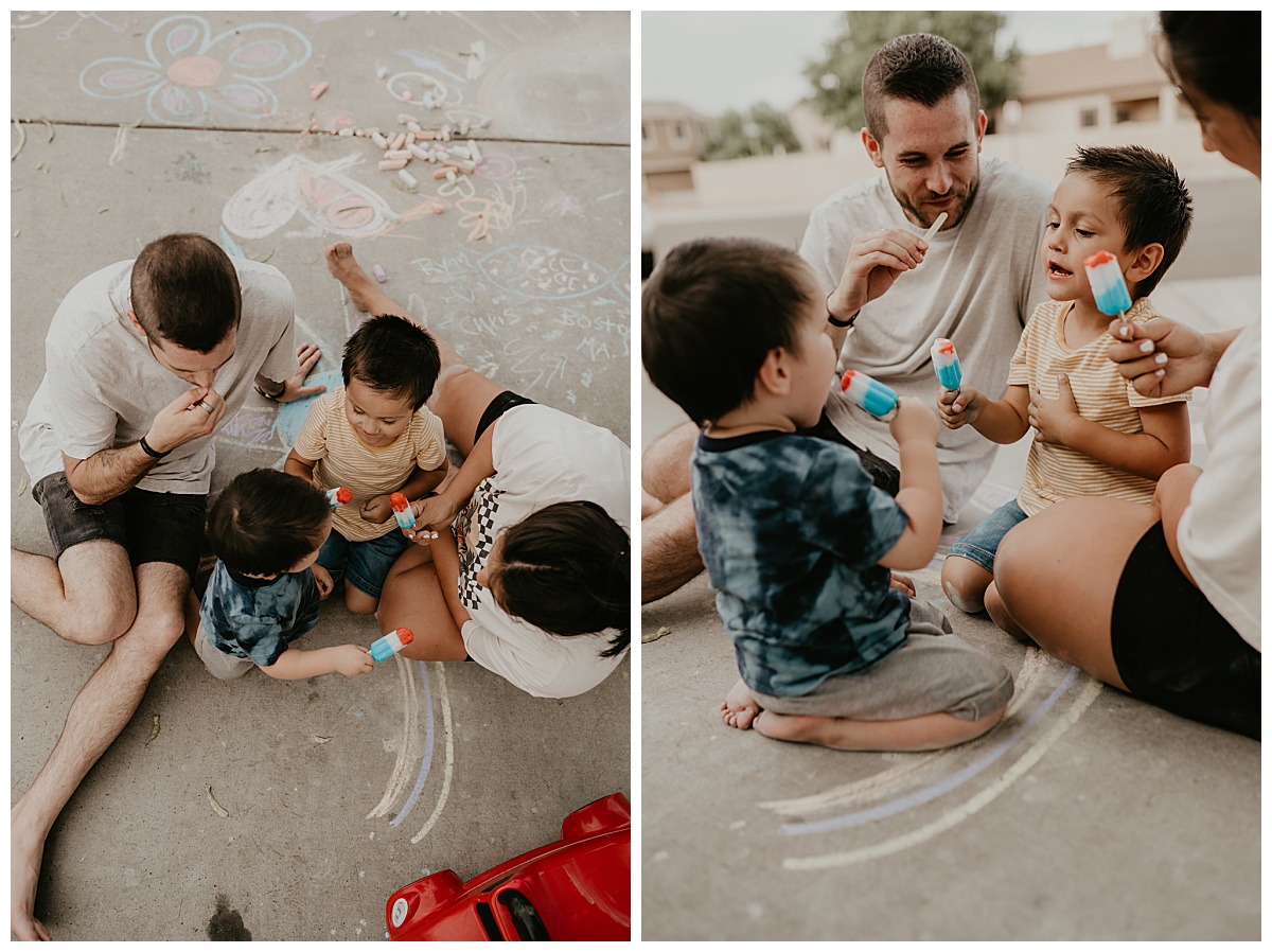 Family of four eating red, white and blue popsicles in the driveway for family session in Tucson, Arizona taken by Alexa Rae Photo, a Tucson Family Photographer.