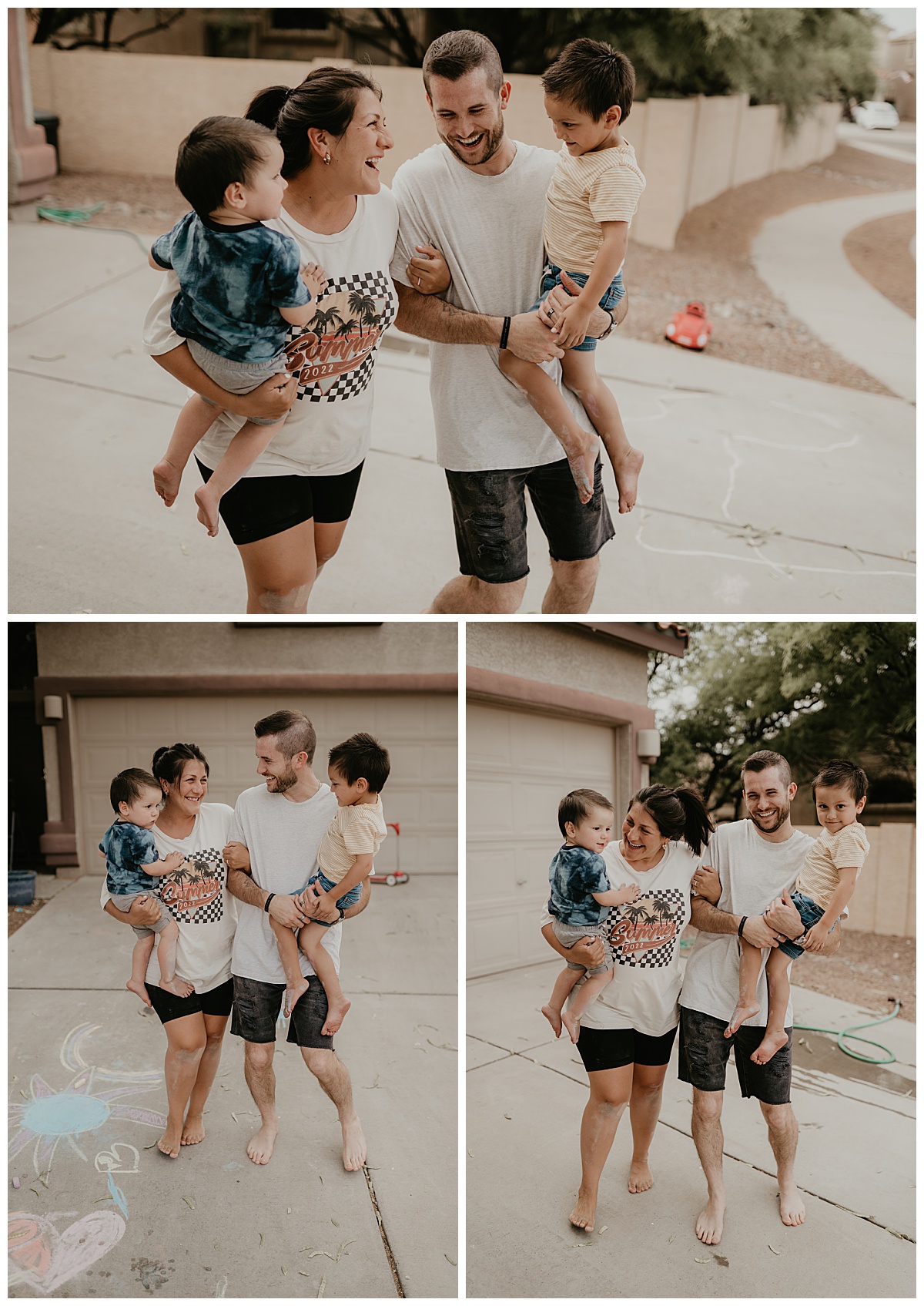 Family laughing in the driveway for summer family photos in Tucson, Arizona taken by Alexa Rae Photo, a Tucson Family Photographer.