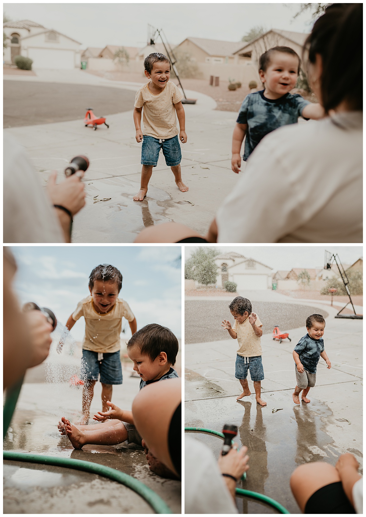 Mom and dad spraying boys with the water hose in the driveway for a summer family session inTucson, Arizona taken by Alexa Rae Photo, a Tucson Family Photographer.