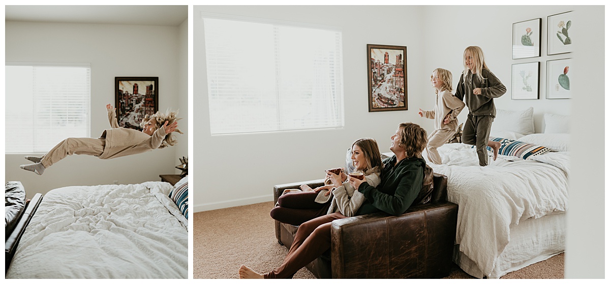 Kids jump on the bed as mom and dad sit on the couch with lattes for their in home family session in Tucson, Arizona by Alexa Rae Photo, a Tucson Family Photographer. 