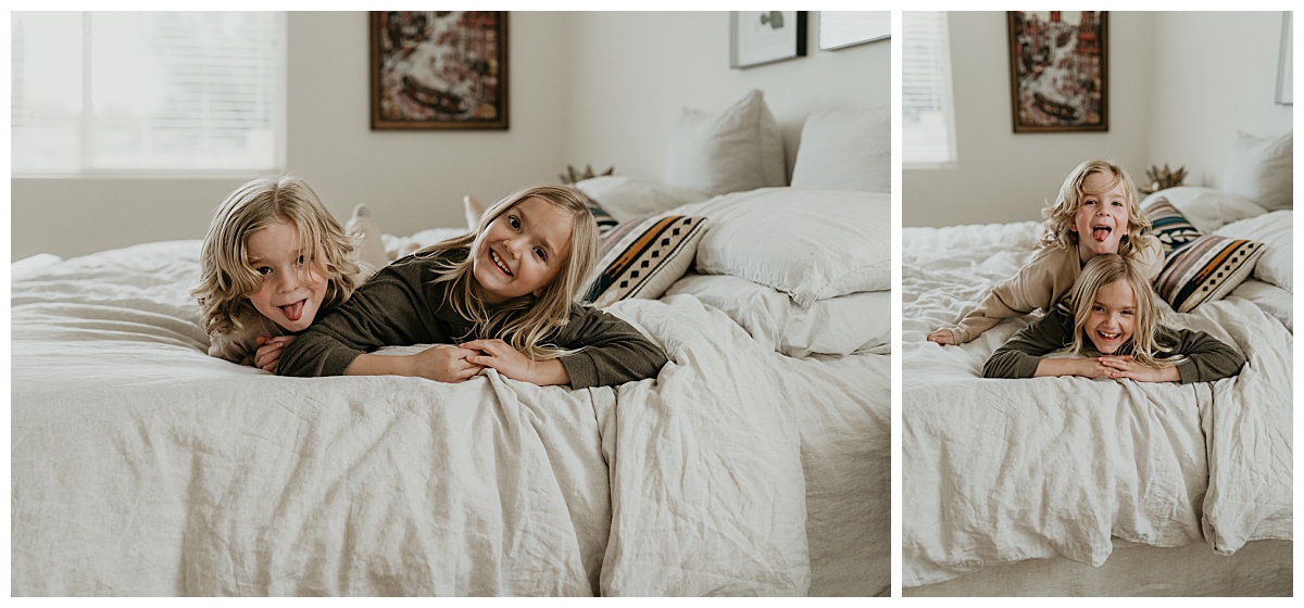 Brother and sister pose together on the bed for their in home family session in Tucson, Arizona by Alexa Rae Photo, a Tucson Family Photographer. 