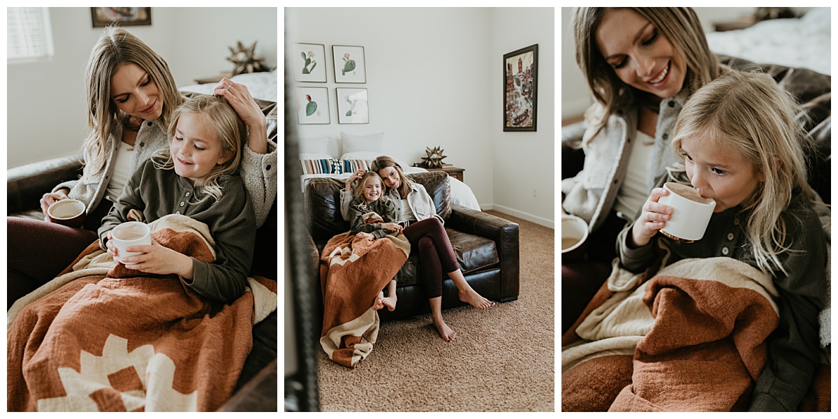 Mom snuggles daughter on the couch with lattes for their in home family session in Tucson, Arizona by Alexa Rae Photo, a Tucson Family Photographer. 