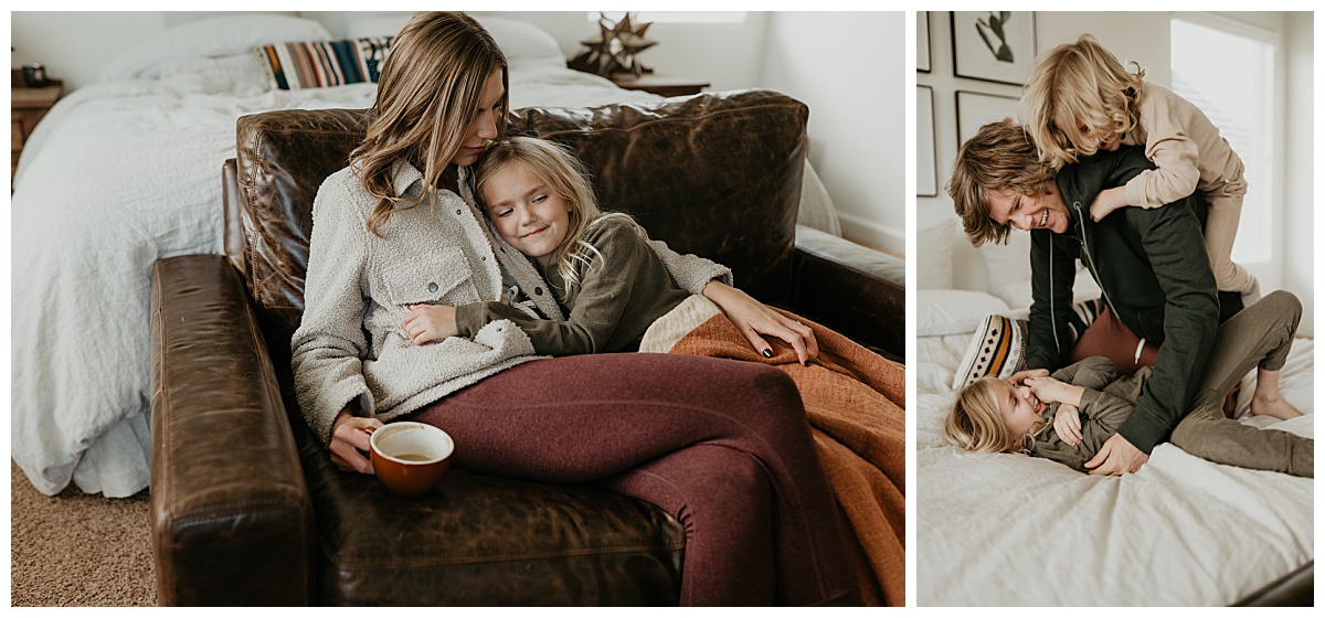 Mom snuggles daughter on the bed for their in home family photoshoot in Tucson, Arizona by Alexa Rae Photo, a Tucson Family Photographer. 