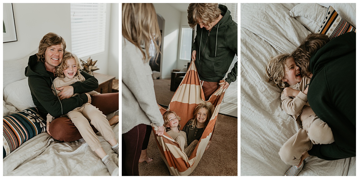 Mom and Dad swing children in a blanket for their in home family photos in Tucson, Arizona by Alexa Rae Photo, a Tucson Family Photographer. 
