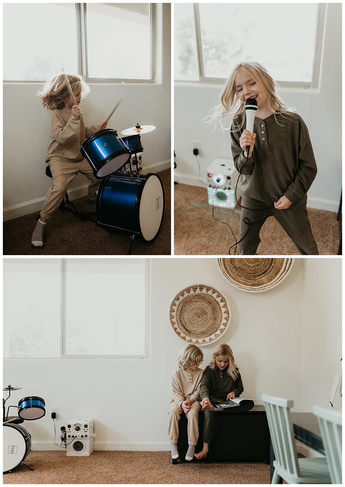 Brother and sister play their instruments in their room for their in home family session in Tucson, Arizona by Alexa Rae Photo, a Tucson Family Photographer. 
