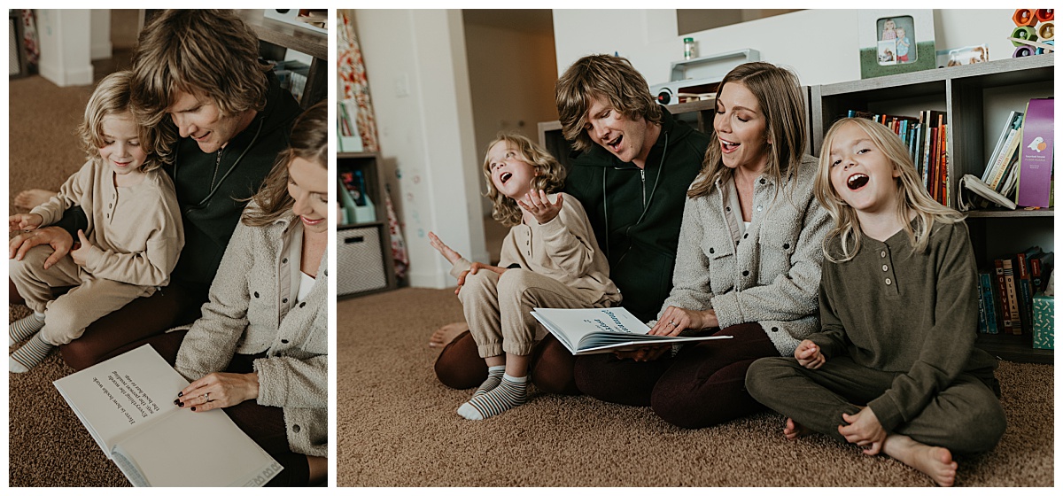 Parents sing with their children while reading books on the floor for their in home family portraits in Tucson, Arizona by Alexa Rae Photo, a Tucson Family Photographer. 