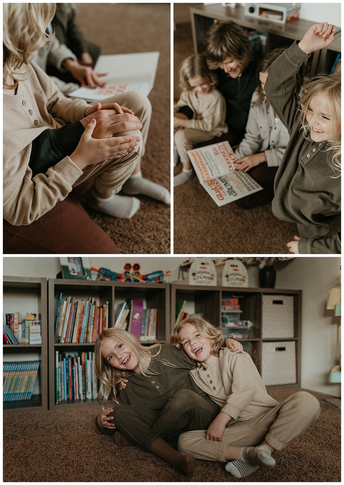 Mom and Dad read to their kiddos on the floor for their in home family photos in Tucson, Arizona by Alexa Rae Photo, a Tucson Family Photographer. 