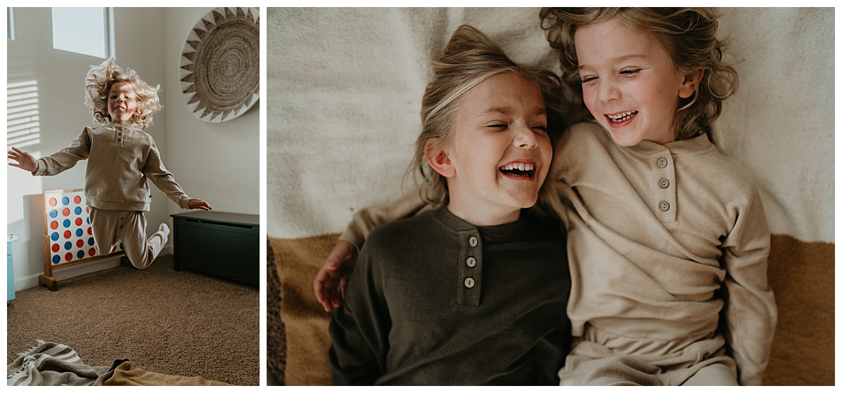 Brother and sister laugh on the bed for their in home family pictures in Tucson, Arizona by Alexa Rae Photo, a Tucson Family Photographer. 