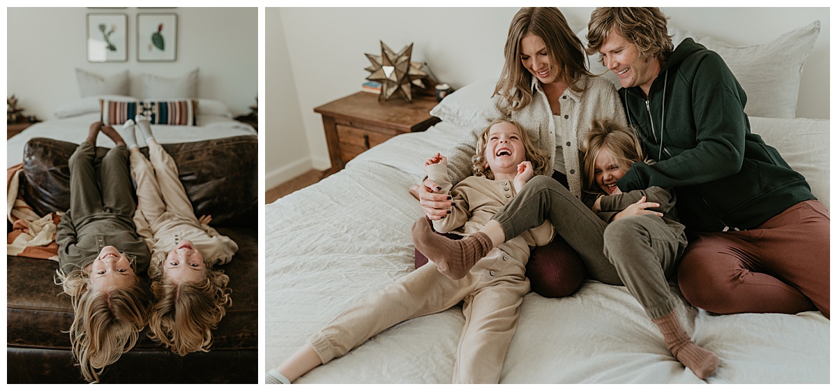 Brother and sister hang upside down on the bed for their in home family portraits in Tucson, Arizona by Alexa Rae Photo, a Tucson Family Photographer. 
