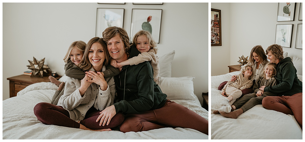 Family of four sit on the bed and pose for their in home family photos in Tucson, Arizona by Alexa Rae Photo, a Tucson Family Photographer. 