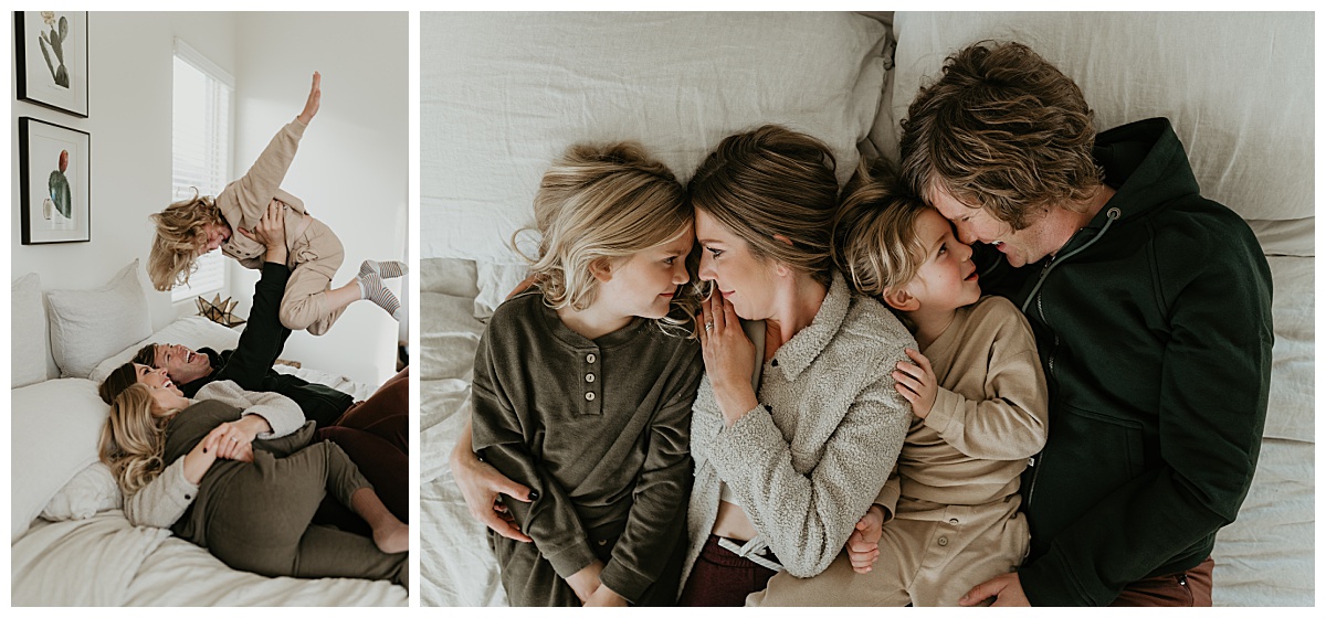 Family of four snuggle and play on the bed for their in home family pictures in Tucson, Arizona by Alexa Rae Photo, a Tucson Family Photographer. 