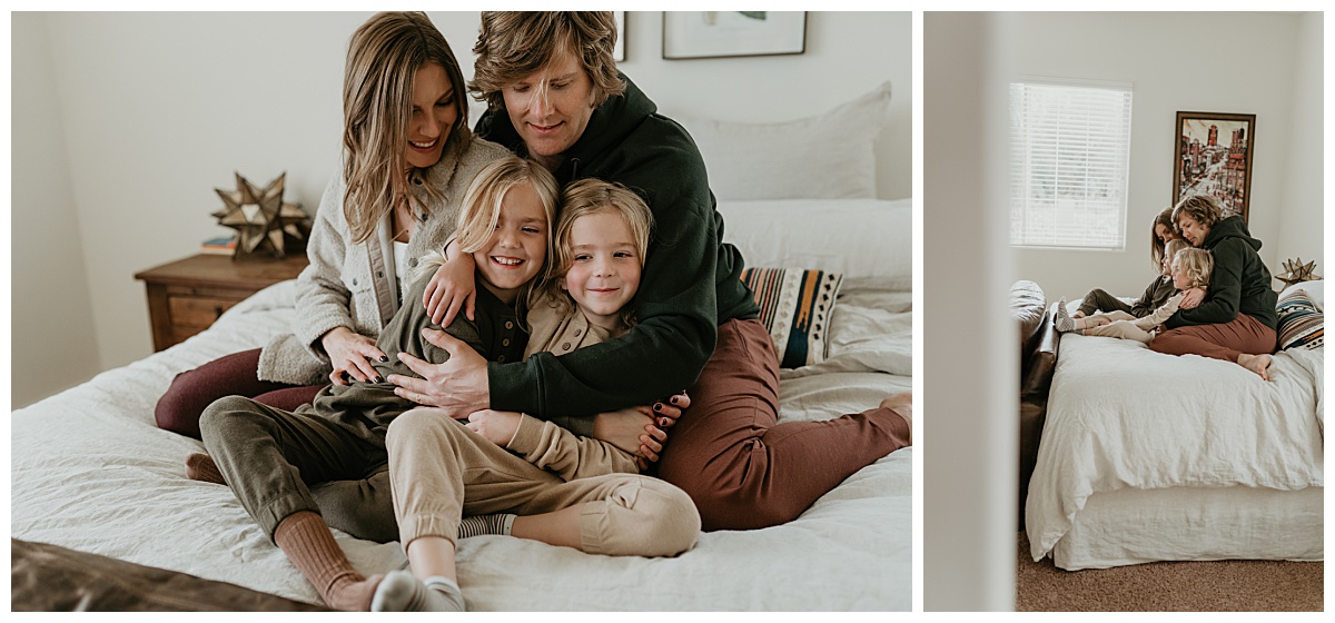 Mom and Dad cuddle young daughter and son on the bed for their in home family session in Tucson, Arizona by Alexa Rae Photo, a Tucson Family Photographer. 