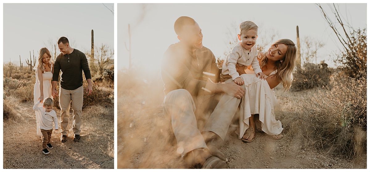 Toddler boy crawls in mom and dad's lap for family session in Tucson Mountain Park during golden hour. Photo by Alexa Rae Photo, a Tucson Family Photographer. 