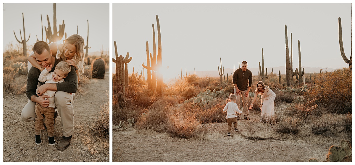 Toddler boy runs to mom and dad in Tucson Mountain Park at sunset for family pictures by Alexa Rae Photo, a family photographer in Tucson, Arizona. 