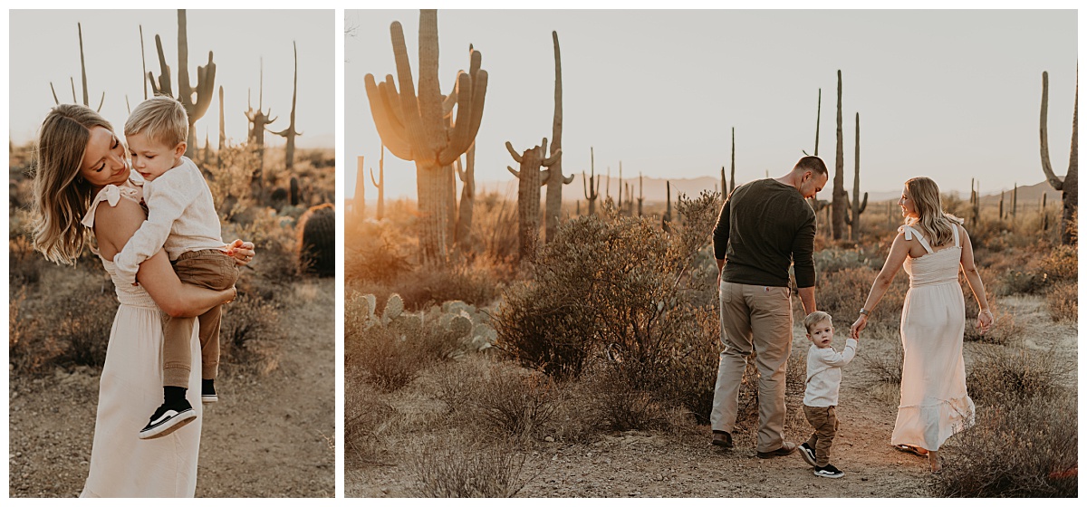 Mom holds her toddler son for golden hour family session in Tucson Mountain Park captured by Alexa Rae Photo. 