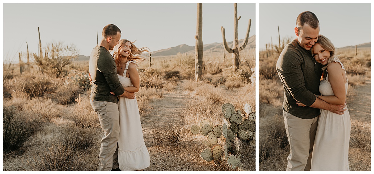 Husband and wife embrace as the wind blows in Tucson Mountain Park suring sunset for family pictures by Alexa Rae Photo, a Tucson Family Photographer. 