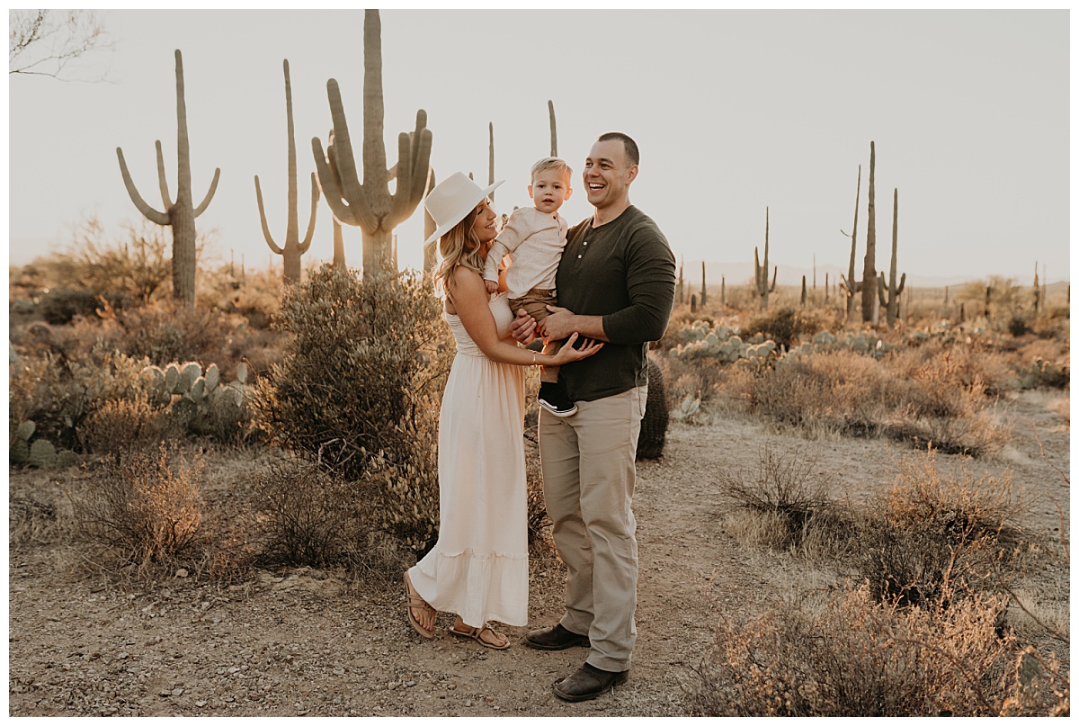 Family of three during golden hour at Tucson Mountain Park.